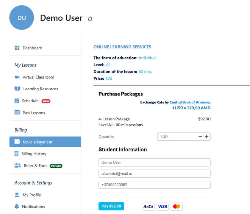 how to pay at barev armenian language school